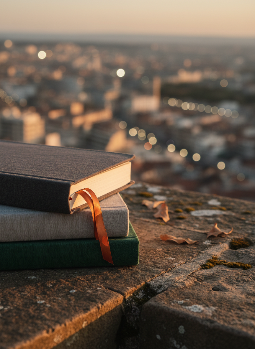 A stack of three linen-bound journals in muted shades of charcoal, dove gray, and deep forest green sits neatly on a weathered stone ledge. The top journal is partially open, its ribbon bookmark curling toward the edge. Behind it, an out-of-focus cityscape at dusk reveals glowing windows and soft, distant lights. Golden hour sunlight grazes the journal covers from the right, revealing their woven texture and casting fine, razor-thin shadows along the edges of each page. Photographic realism with a cinematic, eye-level composition uses the rule of thirds, drawing the gaze from the journals to the blurred city beyond, evoking gentle fierceness, solitude, and quiet ambition.