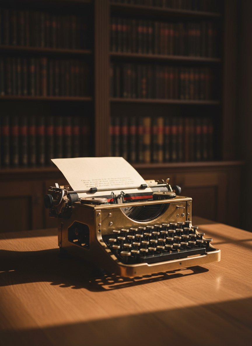 An antique brass typewriter sits centered on a smooth oak table, its circular keys worn to a soft shine, a single sheet of crisp ivory paper rolled into place. The first few lines of text are just visible, though not legible, suggesting the beginning of a powerful essay. In the background, built-in bookshelves fade into rich, dark blur, spines of leather-bound volumes barely discernible. Warm, directional lamplight from the right creates dramatic, chiaroscuro-style contrast, catching on the metallic edges and casting deep, cinematic shadows between keys. Photographic realism, low-angle three-quarter view, with a shallow depth of field, establishes a mood that is intellectual, intense, and timeless, perfect for a sophisticated literary blog.