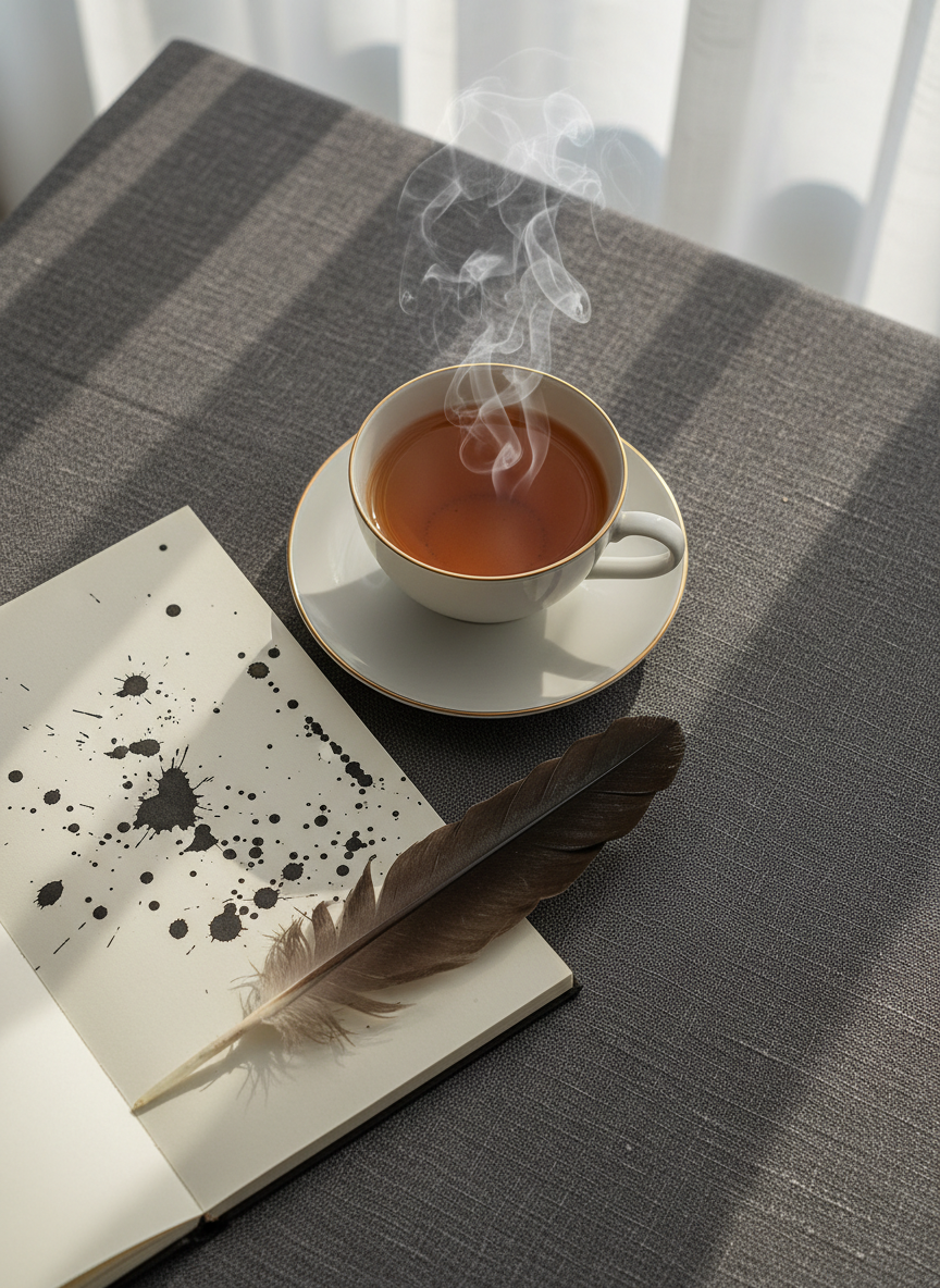 A delicate porcelain teacup in muted ivory, rimmed with a thin band of matte gold, sits on a small saucer beside a narrow, ink-splattered notebook. Tea the color of amber glows softly inside the cup. A single raven feather rests across the notebook, its barbs slightly ruffled and edges worn. The setup is placed on a charcoal linen tablecloth, subtly textured. Soft, late-afternoon window light filters through sheer curtains, creating a gentle gradient of shadow and illuminating drifting steam from the tea. Photographic realism, overhead angle with asymmetrical framing and negative space toward one corner, evokes a quiet, contemplative atmosphere with an undercurrent of mystery and refined intensity, ideal for reflective poetry entries.