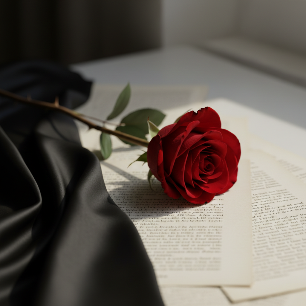 A single, dark red rose with petals just beginning to unfurl lies across a spread of printed pages, its stem gently curved, thorns intact and sharp. The paper beneath shows soft, out-of-focus text, lines of poetry running like currents under the flower. A piece of black silk fabric pools elegantly along one edge of the frame, adding subtle sheen and depth. Side-lit by diffused, overcast window light, the scene has soft shadows and velvety highlights on the petals. Photographic realism, captured from a close, slightly oblique overhead angle with a shallow depth of field, creates a mood that is both delicate and dangerous, embodying the phrase “gentle fierceness” with sophisticated restraint.