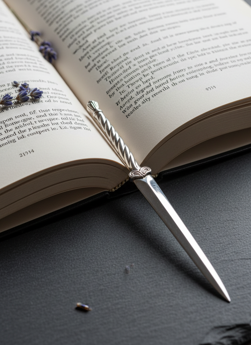 A close-up of an open book of poetry, its creamy pages curved into a gentle arc, rests on a slate-gray surface. A fine silver letter opener, resembling a slender dagger, lies along the book’s central crease, its polished surface catching glints of cool light. Tiny dried lavender buds are scattered near the top margin, adding subtle color and organic texture. The scene is lit by soft, diffused daylight from above, creating minimal shadows and emphasizing the grain of the paper and the metallic sheen of the letter opener. Photographic realism with a tight, intimate composition and shallow depth of field gives the image a quiet, elegant tension—graceful yet edged, perfectly mirroring sophisticated, contemplative writing.